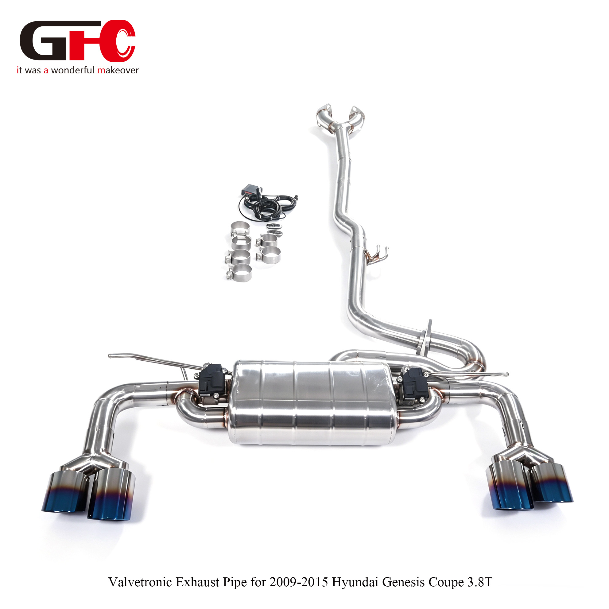 2009-2015 Hyundai Genesis Coupe 3.8T GFC Catback with Single Muffler Dual Valvetronic Dual Exit with Burnt Blue Tips
