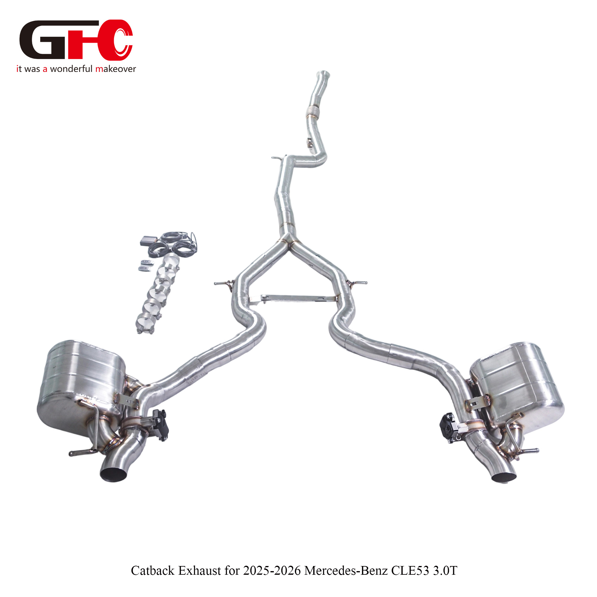 2025–2026 Mercedes-AMG CLE 53 (3.0T) GFC Catback Pipe Exhaust System: Dual Mufflers, Valvetronic, Dual Exit (One Tip Per Side), Connects to Factory Exhaust Tips