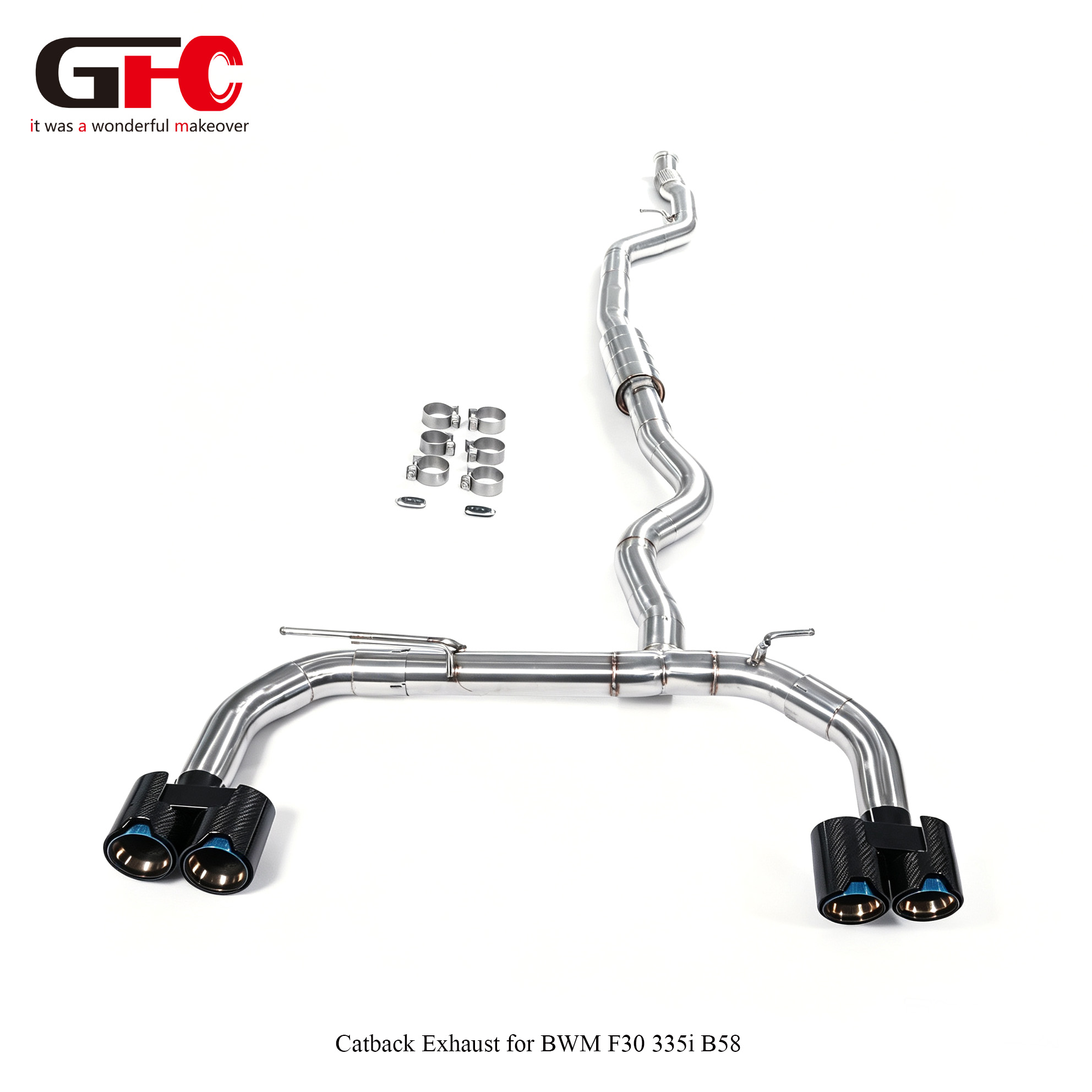 2014 BMW 335i F30 3.0T GFC Catback Straight Pipe Dual Exit with BMW IM Style Burnt Blue Inner Tips