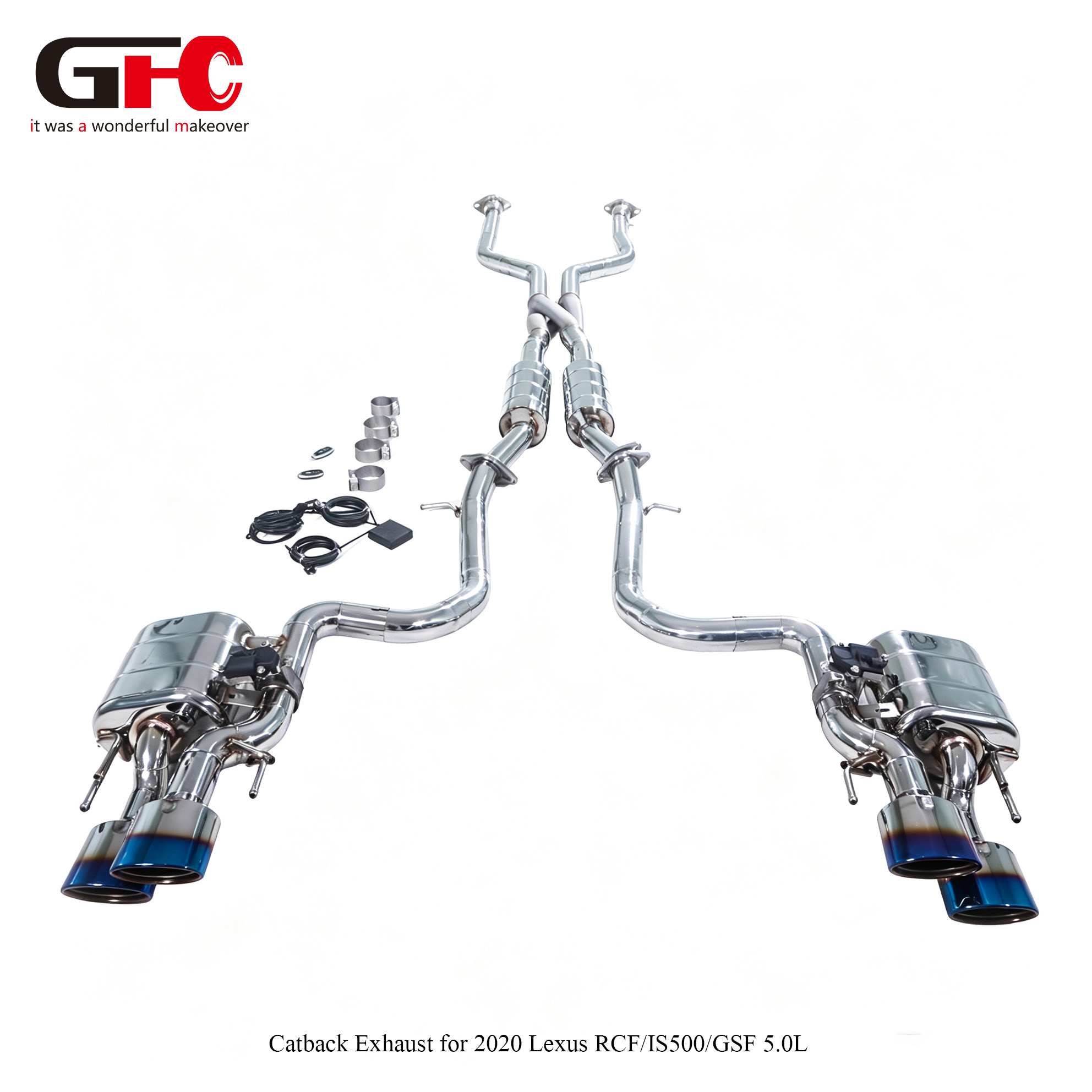 2020 Lexus RC F 5.0L GFC Catback Pipe Exhaust System: Dual Mufflers, Dual Valvetronic, Quad Exit (Stacked Tips) Design, Including Middle Pipe with Z-Pipe Resonator