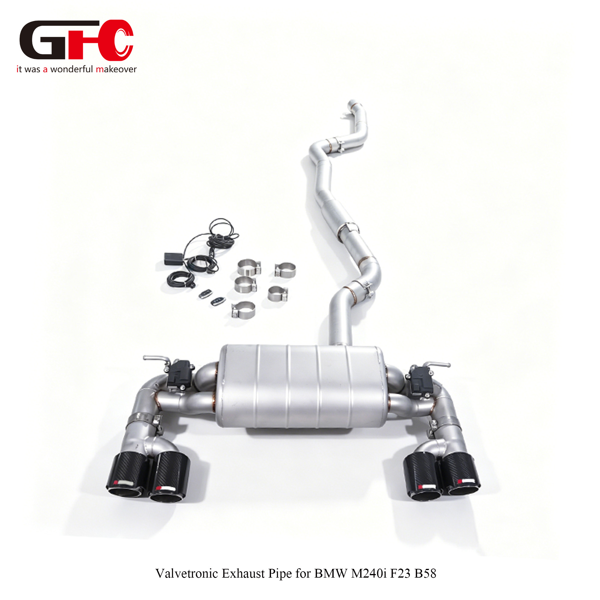 2018 BMW F23 M240i 3.0T B58 GFC Catback Exhaust System: Single Muffler, Dual Valvetronic, Dual Exit (Dual Tips), with Resonator